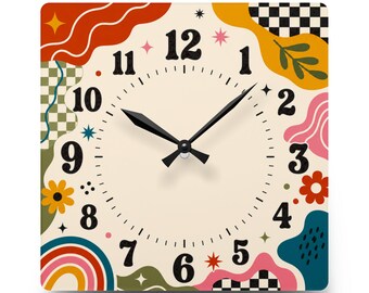 Retro Floral Pattern Acrylic Wall Clock | Colorful Boho Numbers