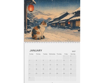 Calendario de gatos japoneses vintage 2027 / Calendario de pared, arte de gatos Ukiyo-e