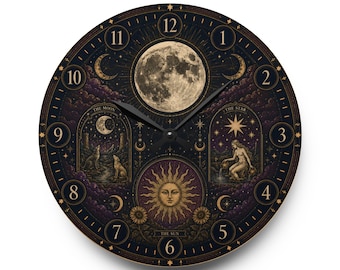 Celestial Moon & Sun Astrology Acrylic Wall Clock | Zodiac, Night Sky Decor