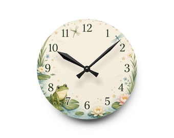 Frog Pond Illustration Acrylic Wall Clock | Lily Pads, Dragonflies, Floral