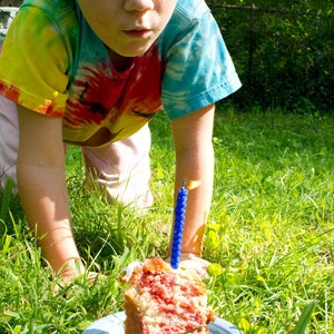 Image shows a child blowing out a birthday candle on a piece of cake.