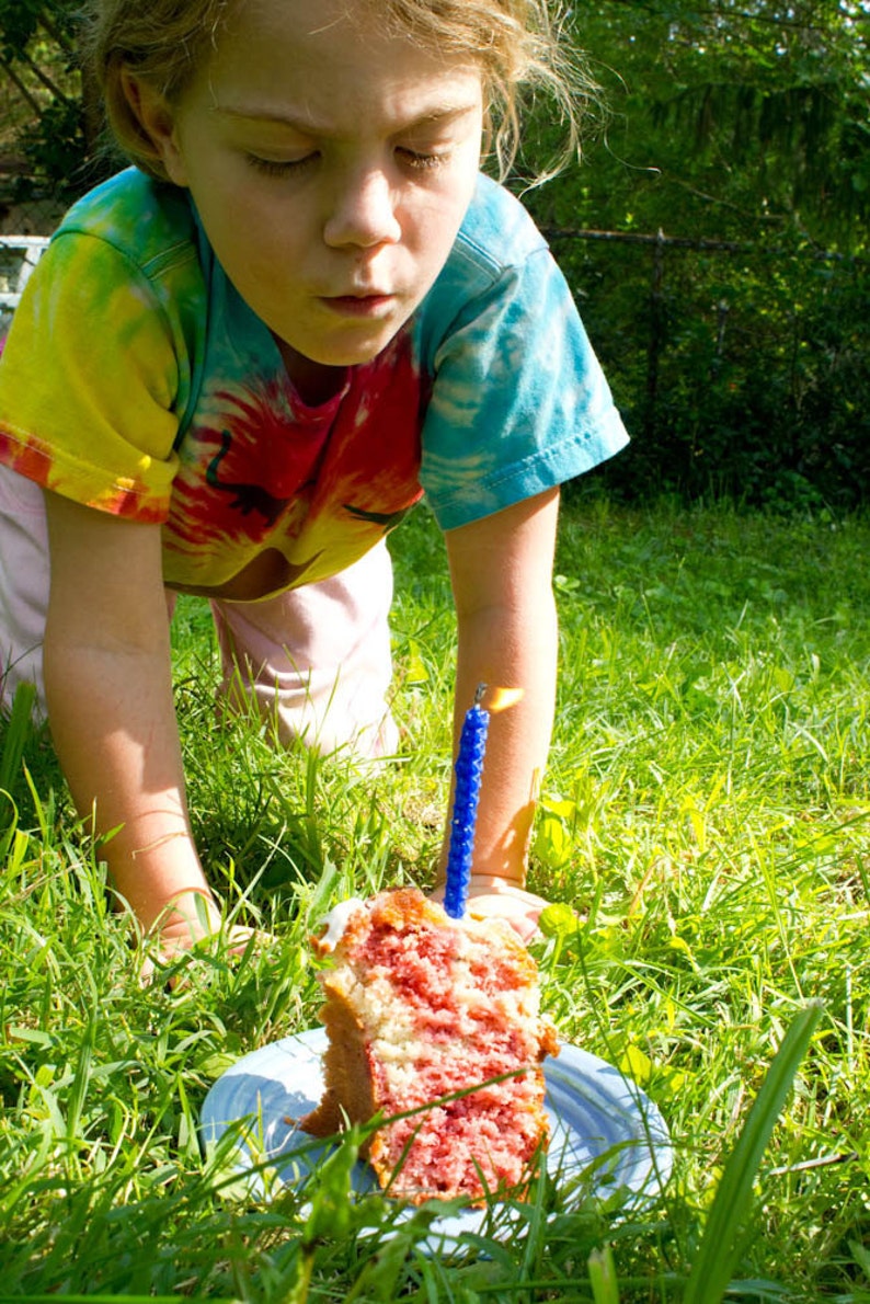 Image shows a child blowing out a birthday candle on a piece of cake.