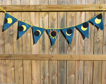 Eclipse Bunting from Upcycled Denim and Cotton Fabric, 7 Feet Long by 11 Inches Tall, Illustrating the Path of the Total Solar Eclipse