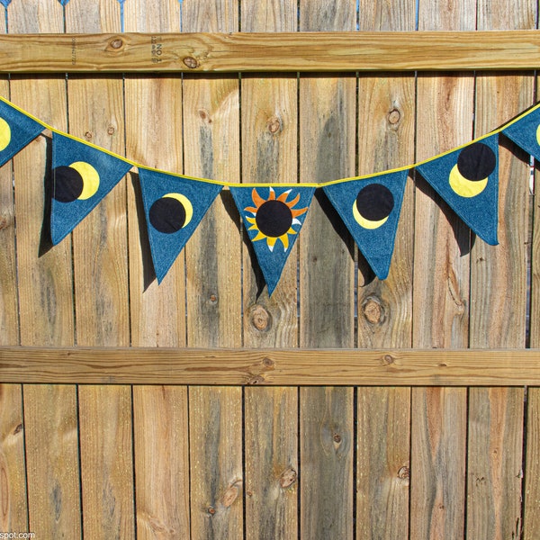 Eclipse Bunting from Upcycled Denim and Cotton Fabric, 7 Feet Long by 11 Inches Tall, Illustrating the Path of the Total Solar Eclipse