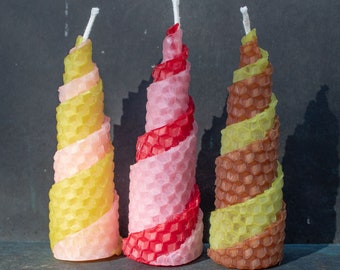 Rolled Beeswax Striped Taper Candle, 4"x1.25", You Choose the Colors