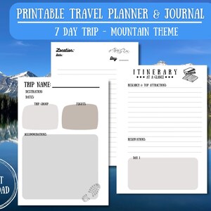 Puede incluir: Planificador de viaje y diario imprimible de 7 días con temática de montaña. El planificador incluye secciones para el nombre del viaje, el destino, las fechas, el grupo de viaje, los vuelos, el alojamiento, el itinerario y la investigación de las principales atracciones.
