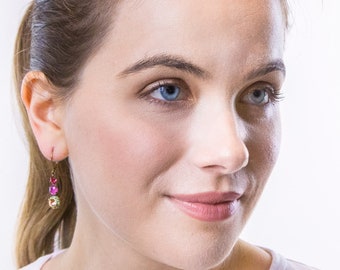 Pink Rhinestone Earrings - Vintage Crystal Earrings - Leverback Earrings - Pink and Green