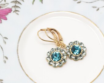 Teal Crystal Earrings, Leverback Earrings, Mint Green Earrings, Rhinestone Flower Earrings, Vintage Crystal Dangle Earrings