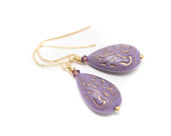 Purple Dangle Earrings, Teardrop Purple and Gold Dangle Earrings, Gold Plated Ear Wires, Beaded Earrings