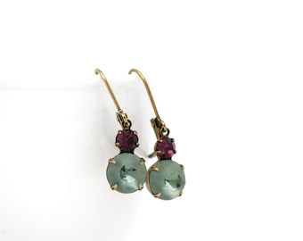 Smokey Green and Plum Vintage Glass Earrings With Leverback Earwires, Christmas Gift For Women