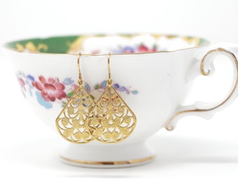 Gold Filigree Dangle Earrings - Teardrop, Top Gifts For Mom