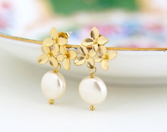 Gold Pearl Earrings - Ivory Pearl - Gold Floral Earrings - Bridal Earrings - Wedding Jewelry - Gold Flower Earrings - Best Gifts For Women