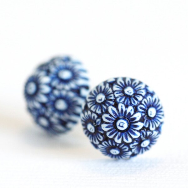 Blue and White Earrings  - Ornate Floral Blue and White Daisies