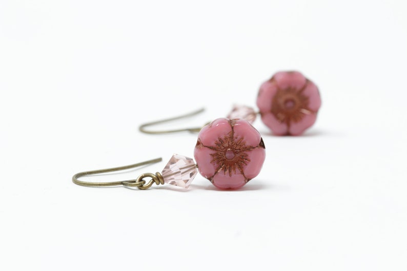 Pink Flower Earrings Rustic Floral Earrings Dangle Earrings Pink Beaded Earrings Boho Earrings