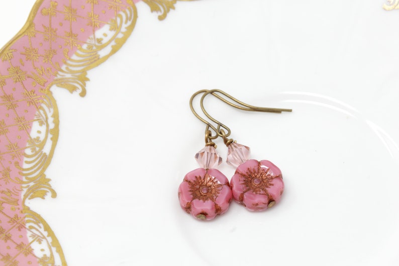 Pink Flower Earrings Rustic Floral Earrings Dangle Earrings Pink Beaded Earrings Boho Earrings