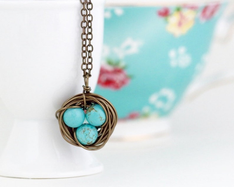 Rustic Pendant Woodland Necklace Turquoise Nest Pendant For Mom Bird Nest Necklace Meaningful Gift Birds Nest Pendant