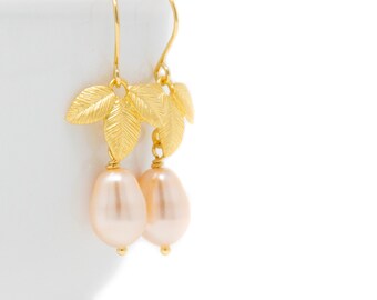 Peach Pearl Earrings,  Pearl Dangle Earrings, Gold Petal Earrings, Peach Wedding Earrings