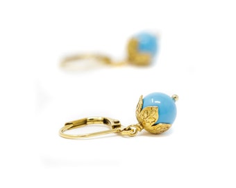 Small Blue Earrings, Gold Leverback Earrings, Dainty Earrings, Classic Earrings, Everyday Jewelry, Top Gifts For Mom - Dangle Earrings