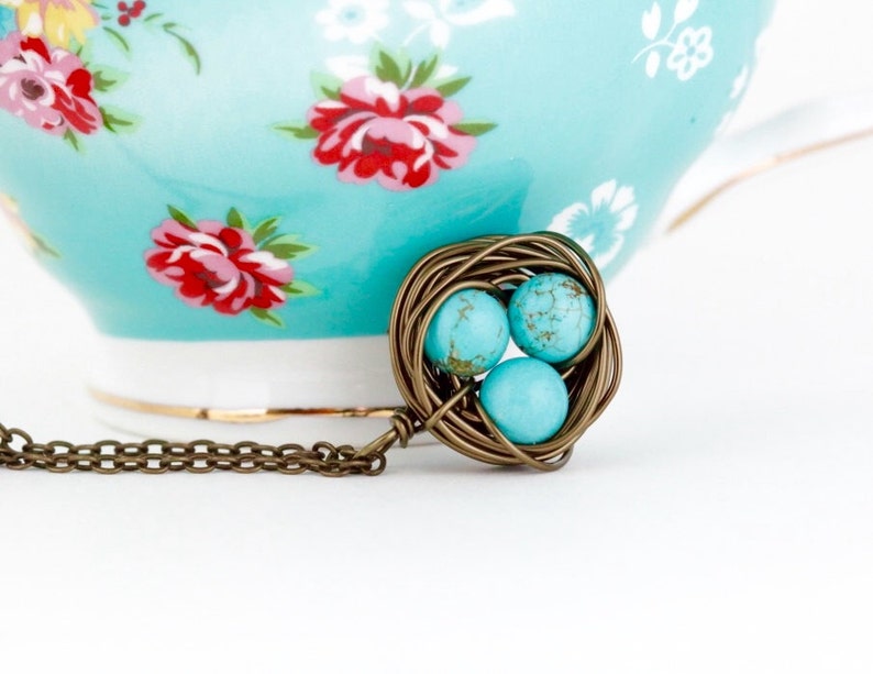 Rustic Pendant Woodland Necklace Turquoise Nest Pendant For Mom Bird Nest Necklace Meaningful Gift Birds Nest Pendant
