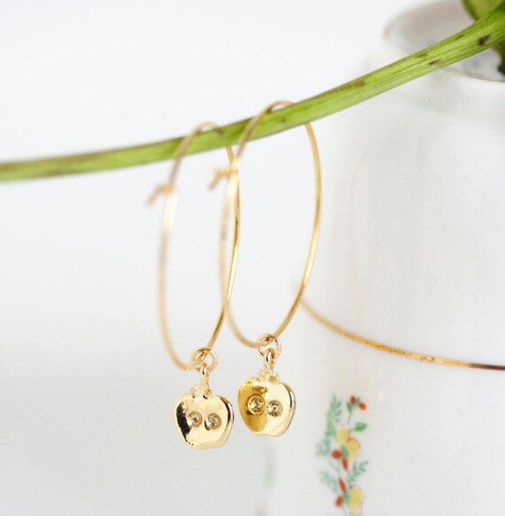 Items similar to Gold Apple Earrings, Apple Gold Hoop Earrings, Snow ...