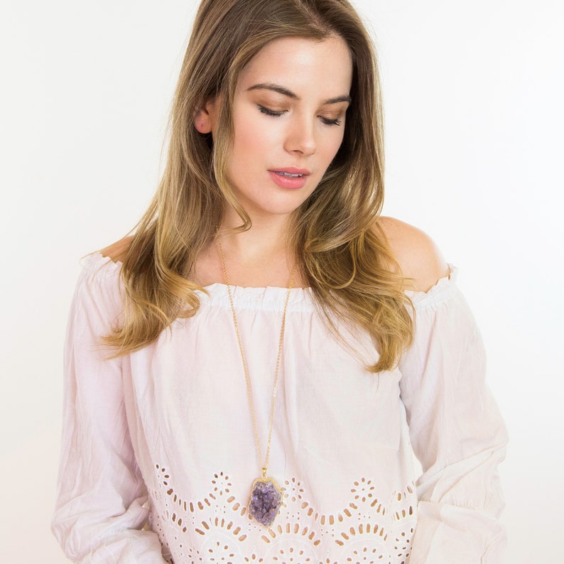Heavy Necklace Rough Stone Purple Crystal Gemstone Necklace Statement Pendant Amethyst Crystal Necklace February Birthstone
