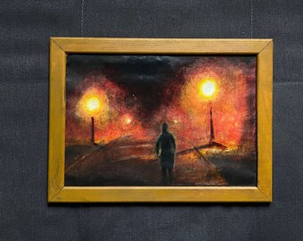 Pittura acrilica originale, Mr.Lonely, Luce, notte, amanti della luce, nella notte. Acrilico su tela, 35*28 cm.