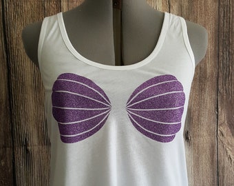 Mermaid Shirt, Lavender Glitter Mermaid Seashell Bra Tank Top, Sea Shells Flowy Tank Top Mermaid Shirt for Teens Juniors Women