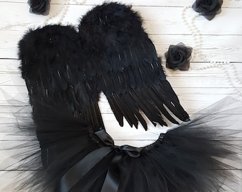 Fallen Angel Adult Black Angel Tutu Costume, Black Tutu with 16" x 16" Black Angel Wings For Women Dark Angel Demon Costume for Halloween