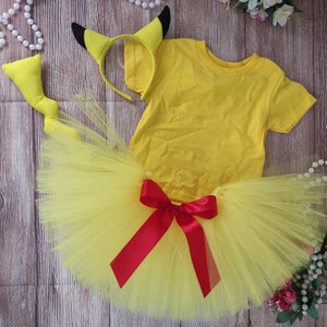 Girls pocket monster pika Costume with Tutu Shirt Ears and Tail