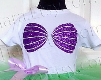 Mermaid Shirt, Purple Glitter Mermaid Seashell Bra Top, Child's Tshirt, Sea Shells Tee, Babies Tween Girls, Mermaid Birthday Shirt Only