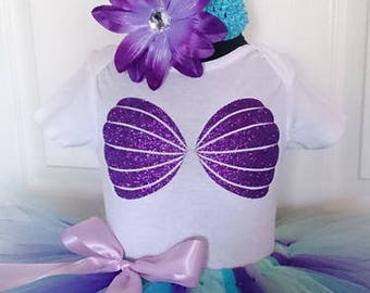 Mermaid Shirt, Purple Glitter Mermaid Seashell Bra, Long Sleeve, Short Sleeve Baby One Piece Bodysuit, Mermaid Birthday Shirt, Top Only