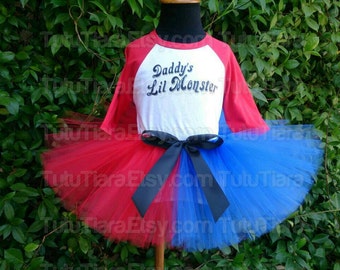 Girls Red Blue Comic Villain Squad Tutu Costume Set Daddy's Monster Red 3/4 Sleeved Raglan Shirt & Red and Blue 8" Economy Tutu Skirt