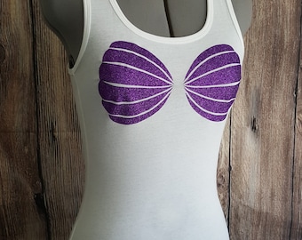 Mermaid Shirt, Purple Glitter Mermaid Seashell Bra Tank, Sea Shells Tee, Fitted Women's Tank Top, Mermaid Shirt for Teens Juniors Women