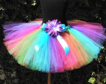 Rainbow Splash - Custom Sewn 10" Tutu - Includes a coordinating flower headband - size newborn to 5T