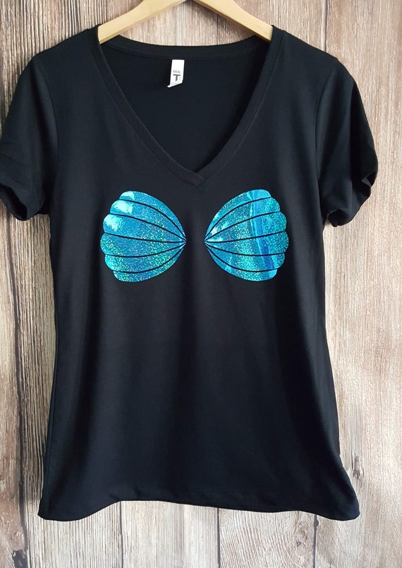 Mermaid Sea Shell Bra T-Shirt - Cute Faux Blue Sequins Top Mermaid Sea Shell Bra T-Shirt - Cute Faux Blue Sequins Top