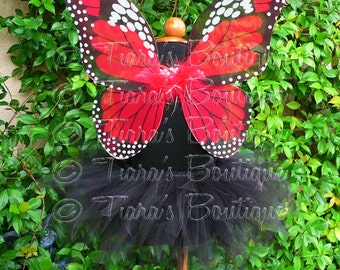 Black Tutu and Wings - Midnight Monarch - Sewn 8'' Pixie Tutu & 15" x 13" Butterfly Wings - Baby, Toddler Halloween Costume