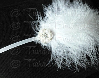 Feather Headband, white marabou feather headband with pearl and rhinestone embellishment, baby photo prop