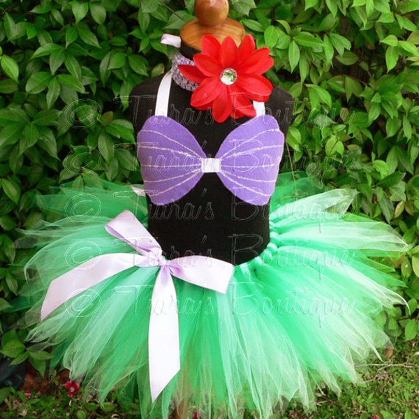 Mermaid Tutu, Girls Mermaid Tutu Set, 11" Girls Pixie Tutu Mermaid Costume, sizes 6, 7, 8 - tutu, sea shell seashell bra top, headband