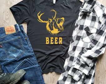 Beer Shirt Deer Bear with Antlers Unisex Men's Black Yellow T-shirt Funny Animal Shirt Birthday Gift Father's Day Gift