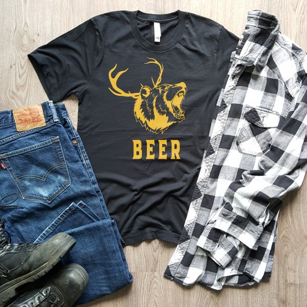 Beer Shirt Deer Bear with Antlers Unisex Men's Black Yellow T-shirt Funny Animal Shirt Birthday Gift Father's Day Gift