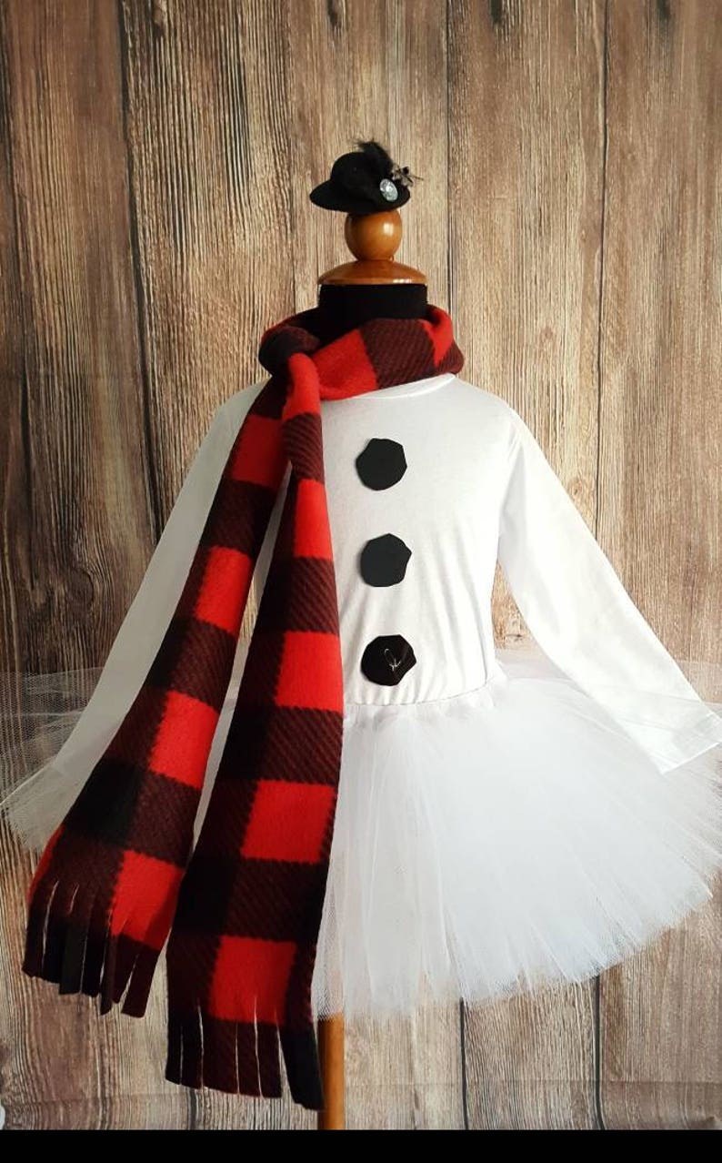 Snowman tutu set, girls snowman tutu costume, long sleeved shirt, less full tutu, red buffalo plaid scarf and mini top hat for girls image 2