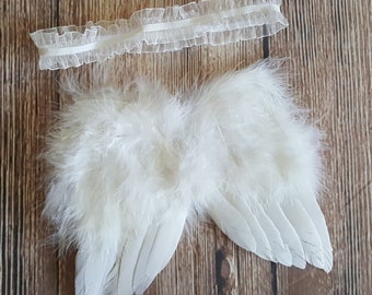 Angel Wings and Ruffle Organza Headband Baby Photo Prop Set, White Feather Angel Wings for Newborn Photography, WINGS AND HEADBAND