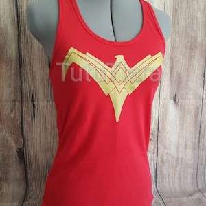 Superhero Woman Shirt, Super Hero Woman Breastplate Emblem Gold on a True Red Shirt, Woman&#39;s Racer Back Tank Top, Size S-2XL