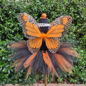 Orange and Black Monarch Butterfly Girls Halloween Costume - 11&#39;&#39; Black and Orange Pixie Tutu & 15&quot;x13&quot; Monarch Butterfly Wings and Wand