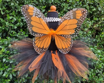 Orange and Black Monarch Butterfly Girls Halloween Costume - 11'' Black and Orange Pixie Tutu & 15"x13" Monarch Butterfly Wings and Wand