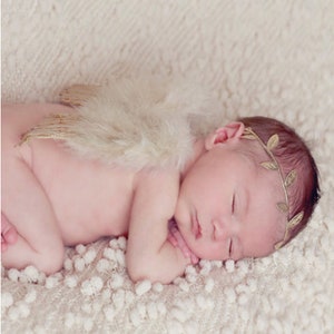 Angel Wings and Gold Leaf Headband Baby Photo Prop Set, White Feather Angel Wings for Newborn Photography, WINGS AND HEADBAND image 10