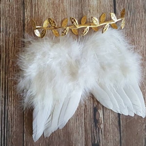 Angel Wings and Gold Leaf Headband Baby Photo Prop Set, White Feather Angel Wings for Newborn Photography, WINGS AND HEADBAND image 3