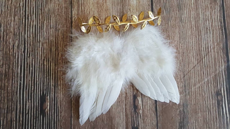 Angel Wings and Gold Leaf Headband Baby Photo Prop Set, White Feather Angel Wings for Newborn Photography, WINGS AND HEADBAND image 3