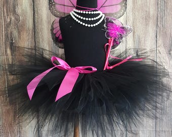 Girls Butterfly Halloween Costume - 11'' Black Pixie Tutu & 15"x13" Monarch Butterfly Wings, Hot Pink Butterfly Wings Costume with Wand