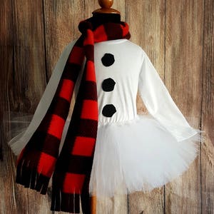 Snowman tutu set, girls snowman tutu costume, long sleeved shirt, less full tutu, red buffalo plaid scarf and mini top hat for girls image 6